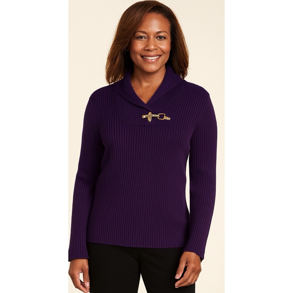 NWT Ralph Lauren Black Label Purple Ribbed Gold Clasp Shawl Collar Sweater L